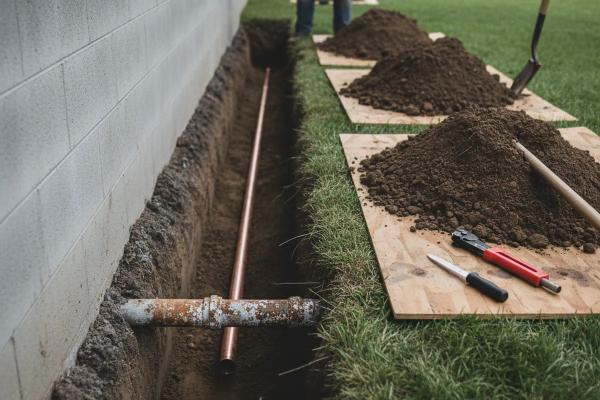 Excavated water line trench during Sewer Line Repair in Gibbsboro